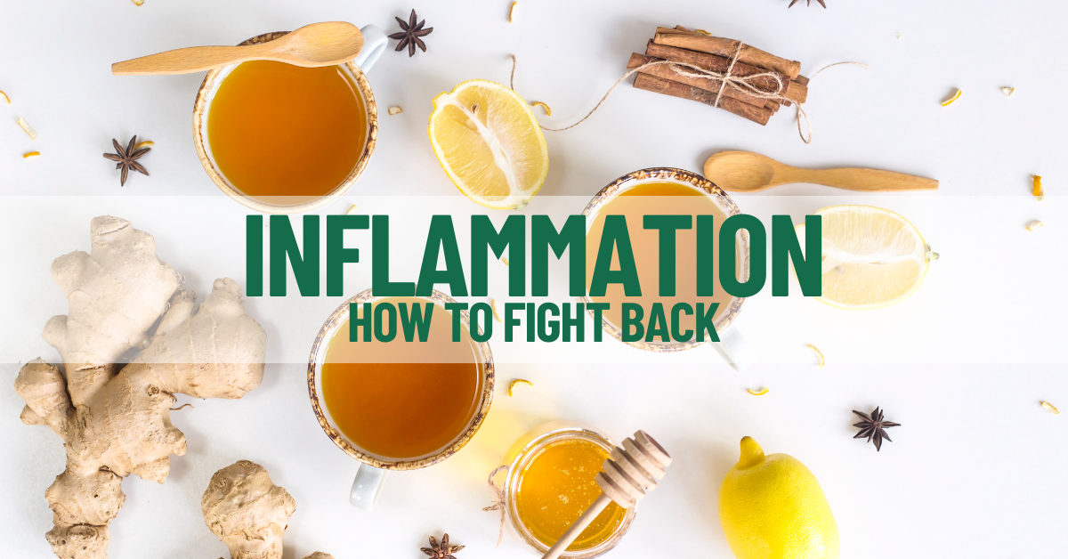 Blog cover photo about chronic inflammation and how to fight it. Photo of tumeric, ginger, tea, cinnamon, and other natural ingredients to help with inflammation.