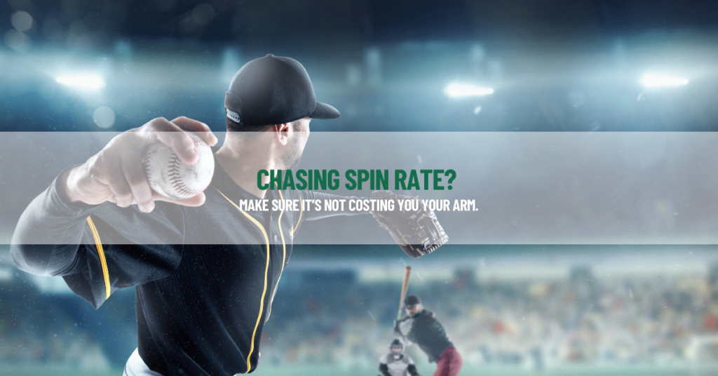 Photo of baseball player pitching in large MLB stadium with proper spin rate mechanics.