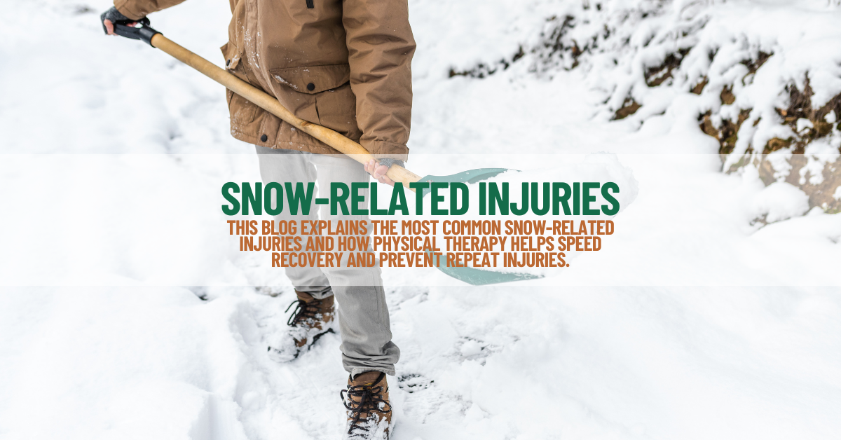 Person shoveling snow during winter, highlighting common snow-related injuries and the importance of physical therapy for injury prevention and recovery