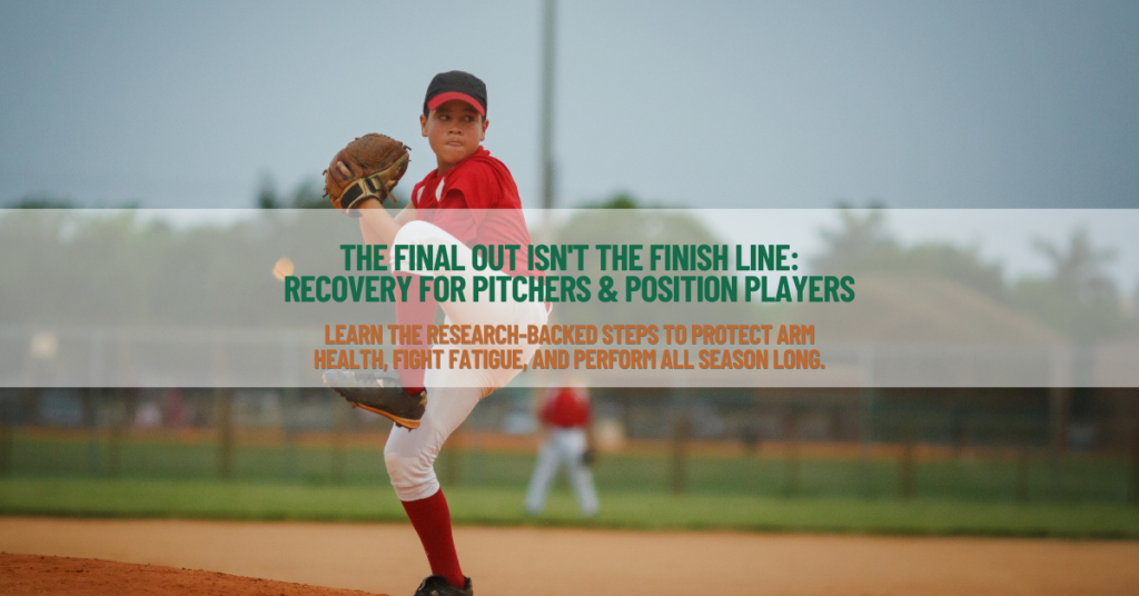 Alt text: Youth baseball pitcher in mid-windup wearing a red jersey and black cap, with text overlay reading 