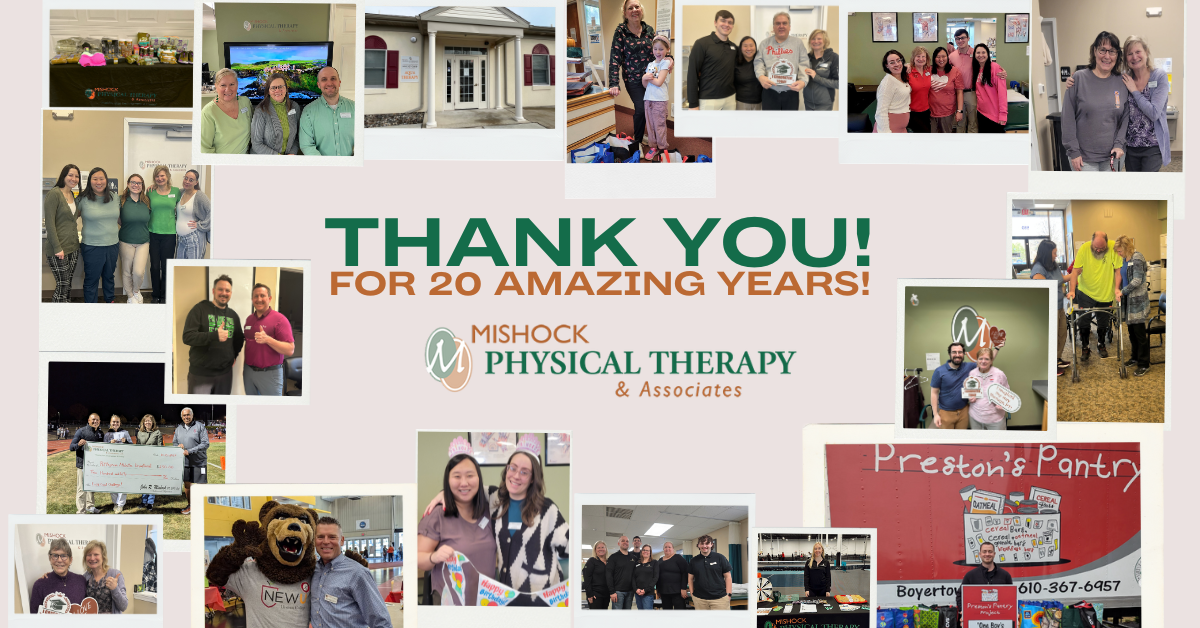 Mishock Physical Therapy celebrates 20 years in 2025. We're looking back at some of our favorite memories and looking to the future of PT care. 